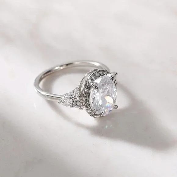▶Beautiful Noble Oval Pure CZ Macro Pave Silver Wedding Luxury Rings, K936